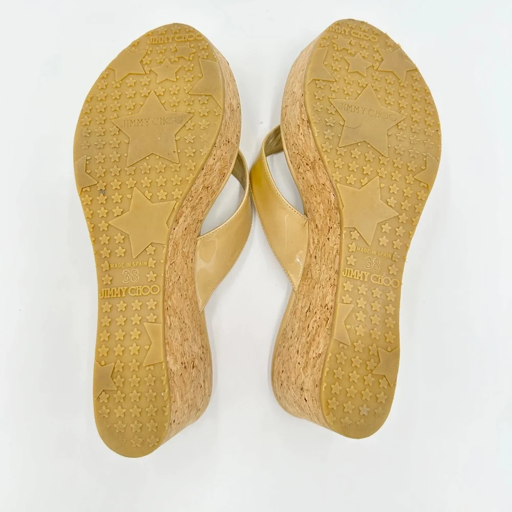 JIMMY CHOO Pathos Patent Leather Cork WEDGES‎ Yellow Women's size 8 EU 38 - Picture 6 of 12